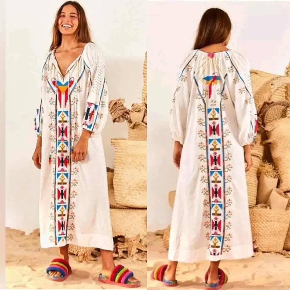FARM RIO Macaw Embroidered Beaded Maxi Dress Caftan Tapestry Ethereal Wedding - Picture 15 of 15